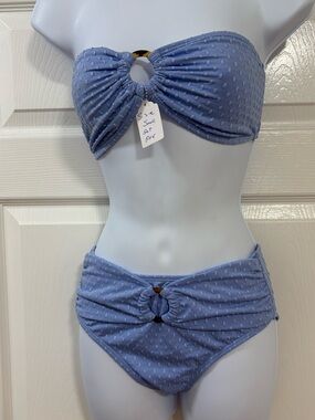 Cabana del Sol light blue bandeau bikini set features a textured dot